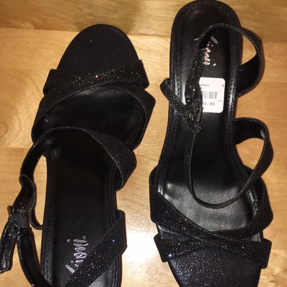 9Wide Black Cocktail Heels Dressy Sandals - Picture 3 of 4